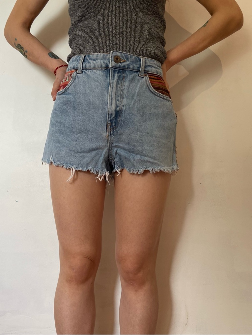 Bershka Light Blue Denim Cutoff Shorts with Striped Pocket Accents